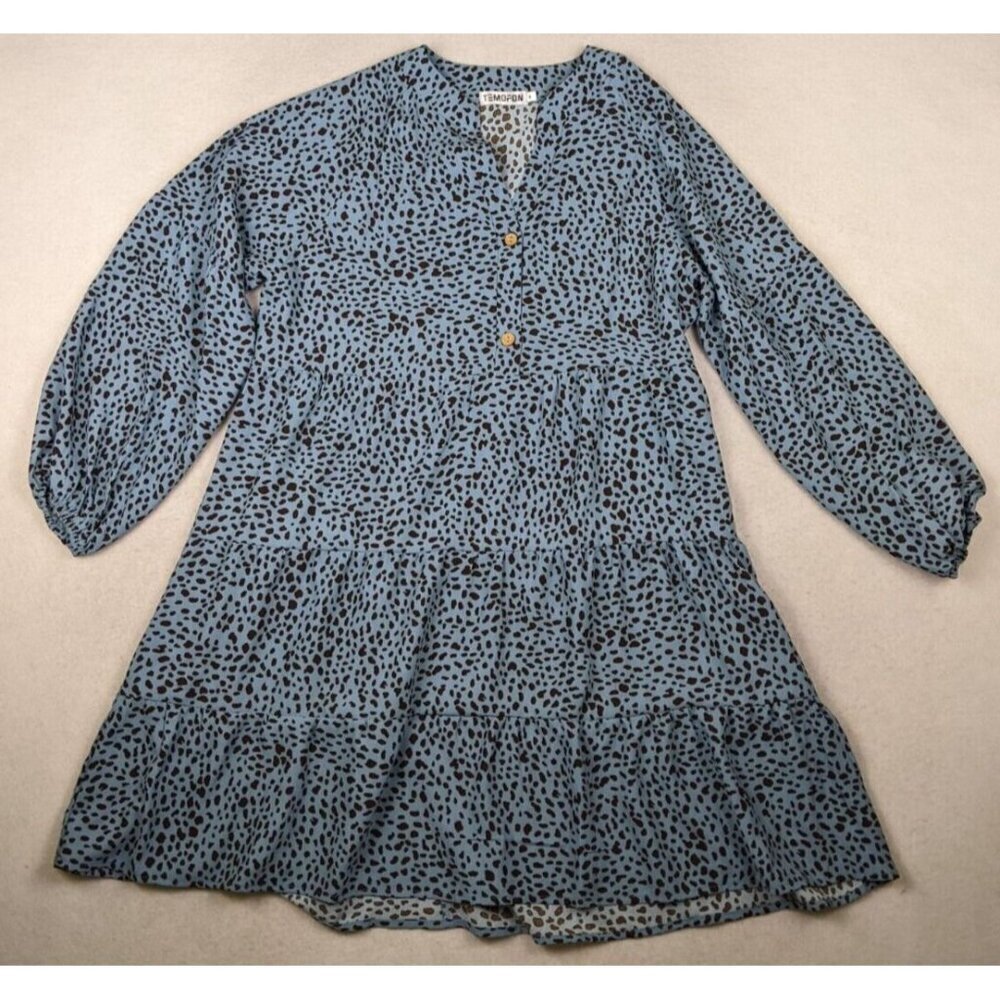 TEMOFON - WOMEN'S BLUE ANIMAL PRINT LONG SLEEVE A-LINE SHIFT DRESS - M